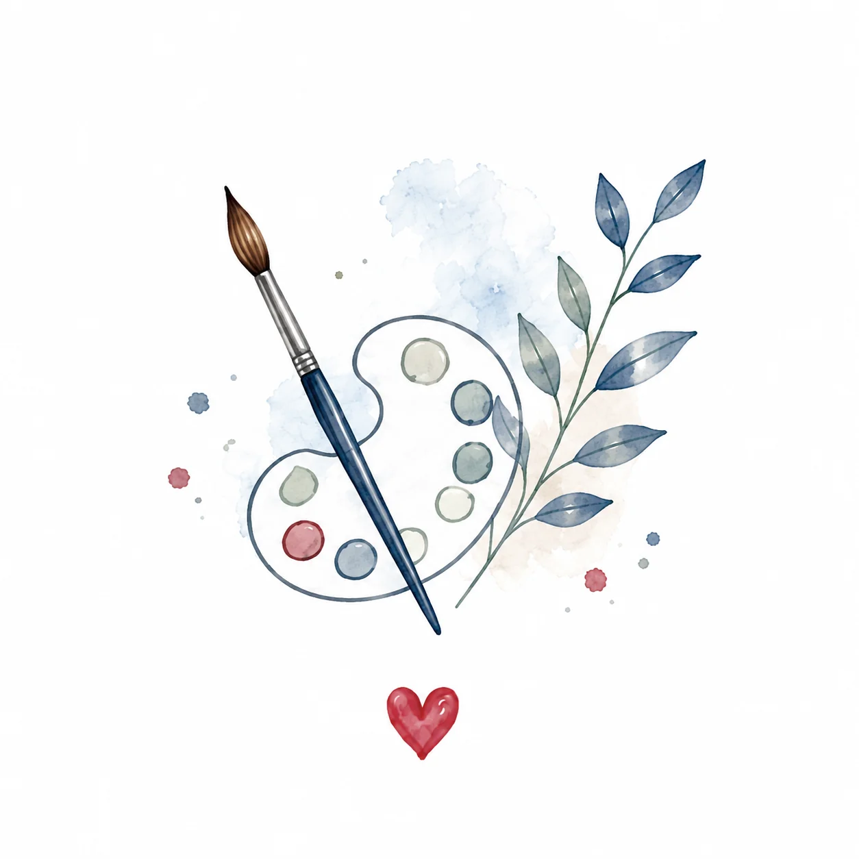 Aquarell: Malpalette mit Pinsel, Zweig und rotem Herz