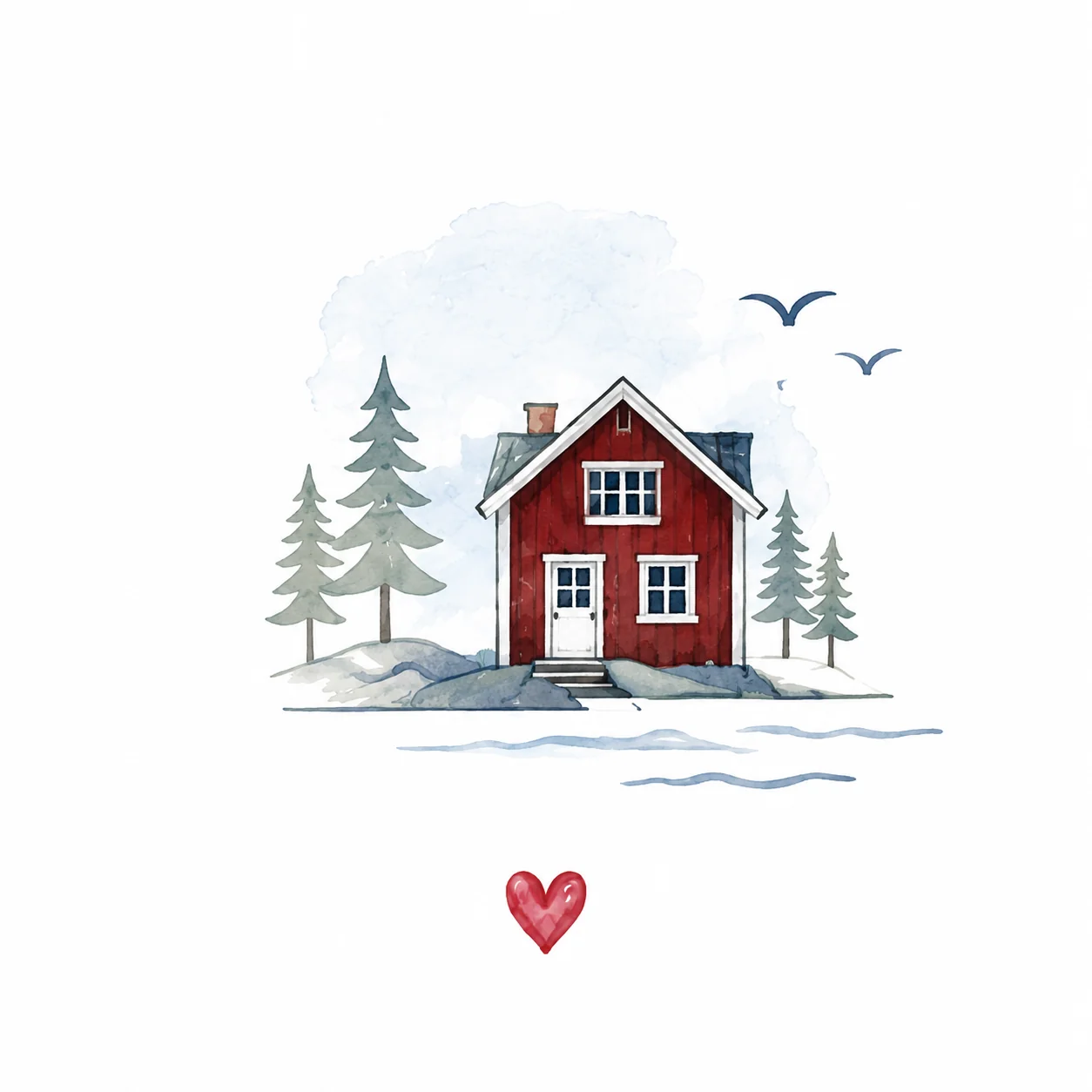 Aquarell: rotes schwedisches Holzhaus mit Tannen und rotem Herz