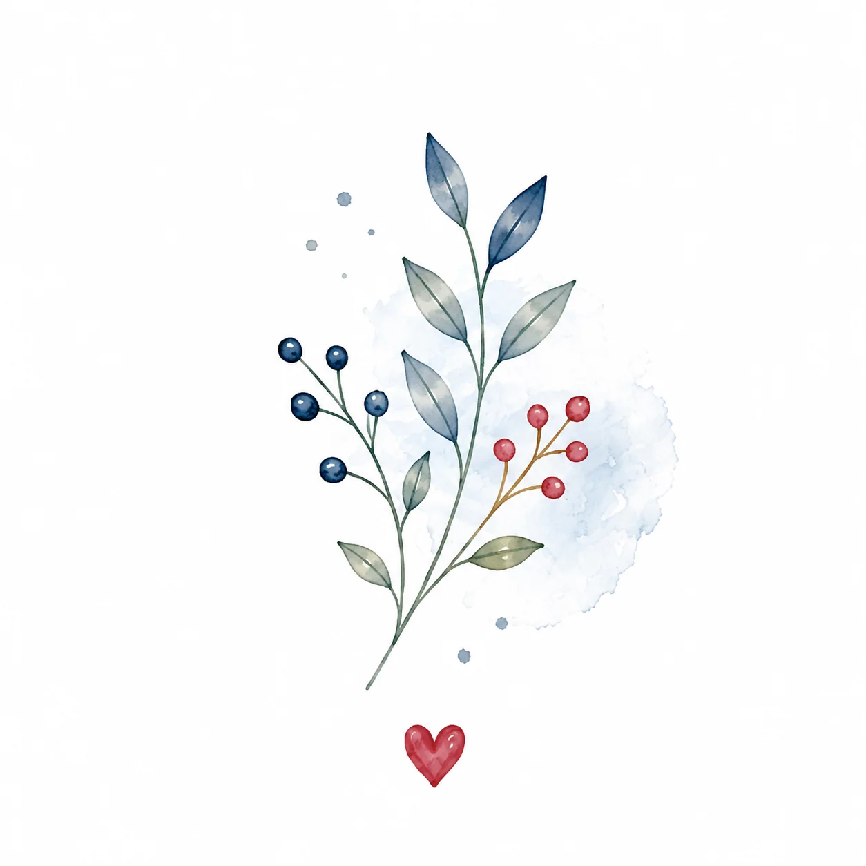Aquarell: Zweig mit blauen und roten Beeren und rotem Herz