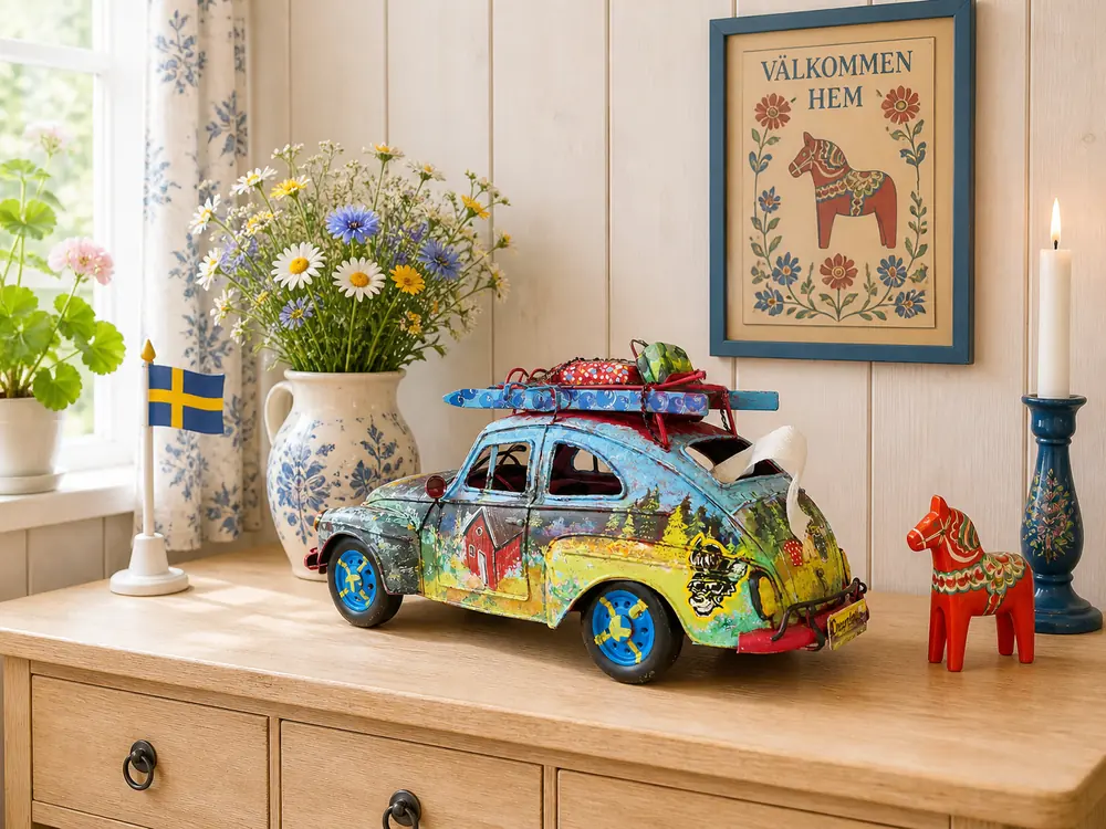 Ein altes Volvo Modell, liebevoll bemalt wird es zu einem besonderen Dekorationsobjekt