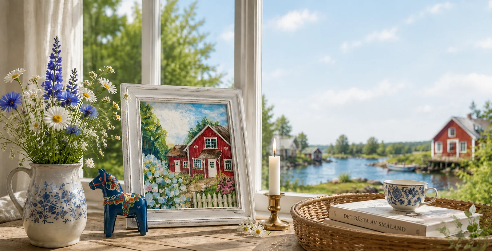 Gerahmtes Aquarell eines roten Schwedenhauses auf einer sonnigen Fensterbank mit Wildblumen, Dalapferd und Blick aufs Wasser