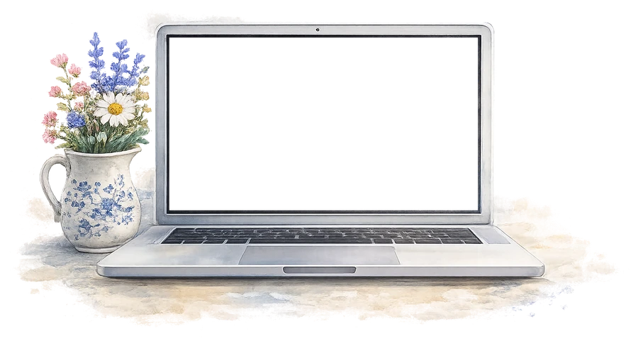 Laptop mit Blumenvase, Illustration