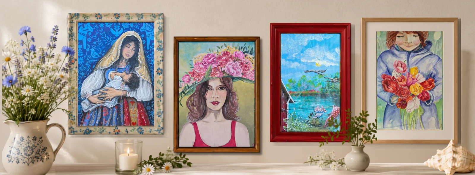 Vier gerahmte Gemälde von Emma Nord an einer Wand: Madonna mit Kind, Frau mit Blumenkranz, Schwedenhaus am See und Mädchen mit Tulpenstrauß