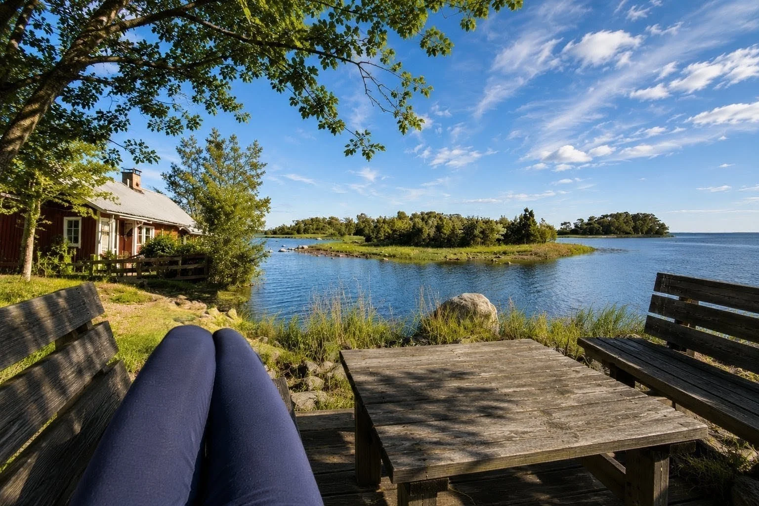 Schwedische Landschaft mit roten Holzhäusern, Wiesen und Wasser