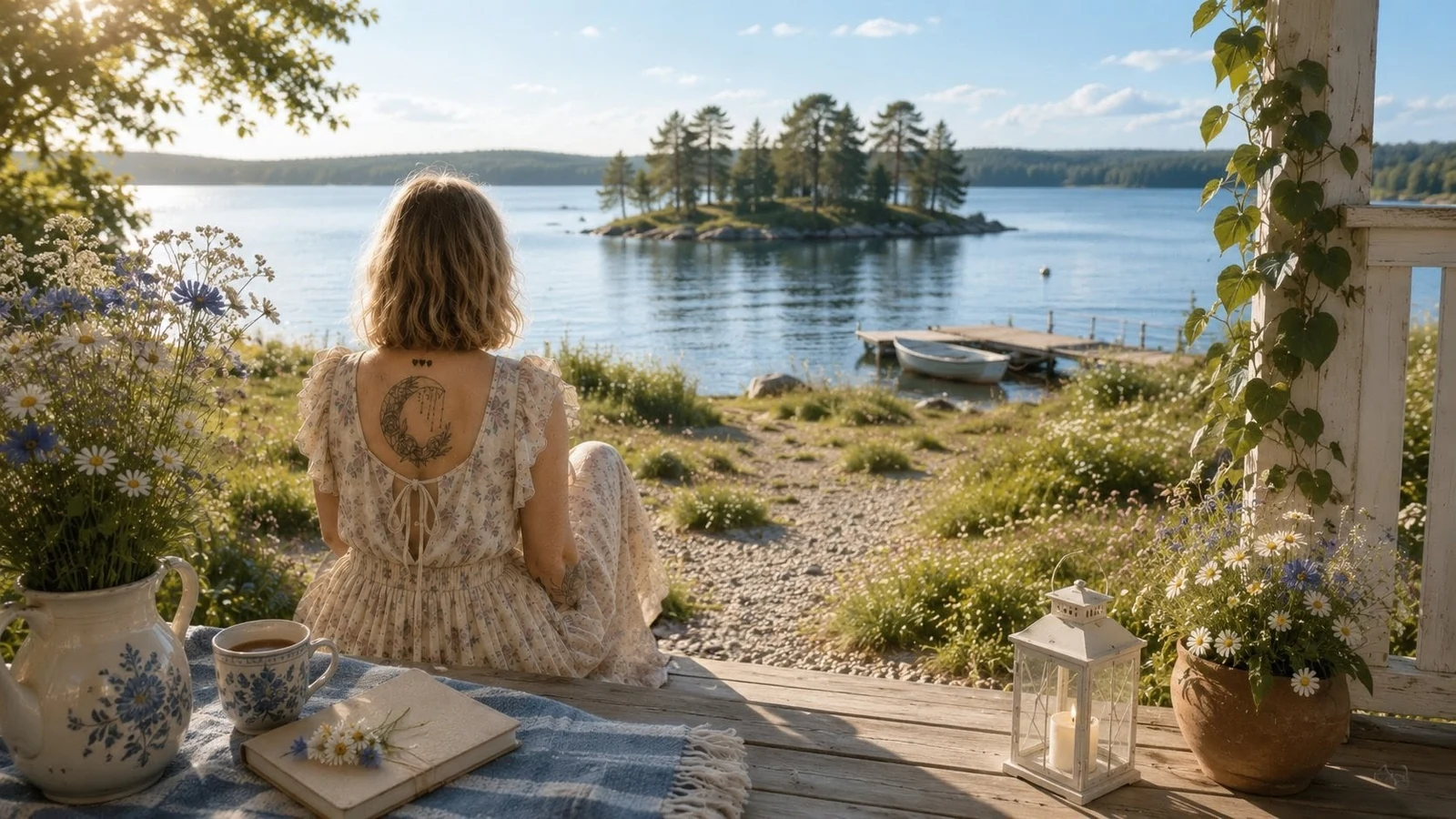 Frau sitzt am schwedischen See mit Kaffee und Tagebuch – Moment der Selbstfürsorge