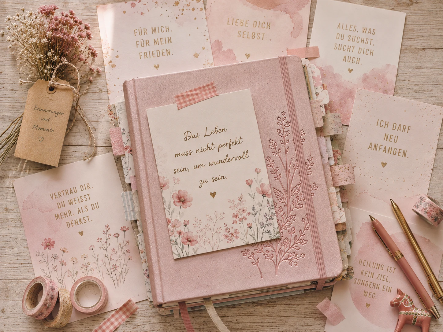 Rosa Tagebuch mit Wildblumen und Affirmationskarten – Symbol für Heilung und Selbstfürsorge